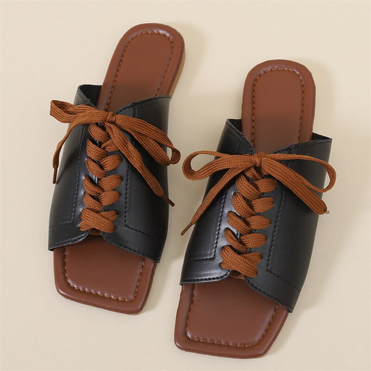 Women Slippers Summer Bandage Peep Toe PU Flat Shoes