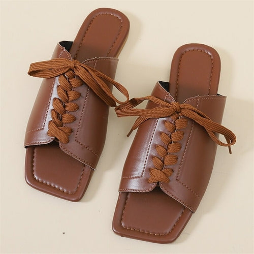 Women Slippers Summer Bandage Peep Toe PU Flat Shoes