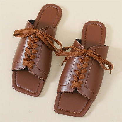 Women Slippers Summer Bandage Peep Toe PU Flat Shoes