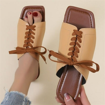 Women Slippers Summer Bandage Peep Toe PU Flat Shoes