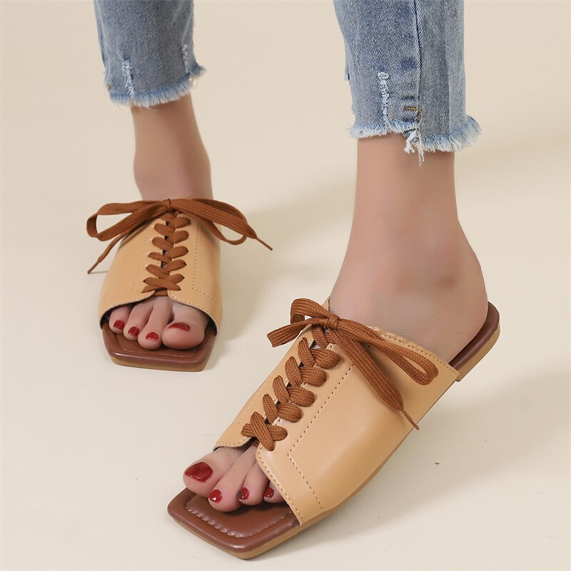 Women Slippers Summer Bandage Peep Toe PU Flat Shoes