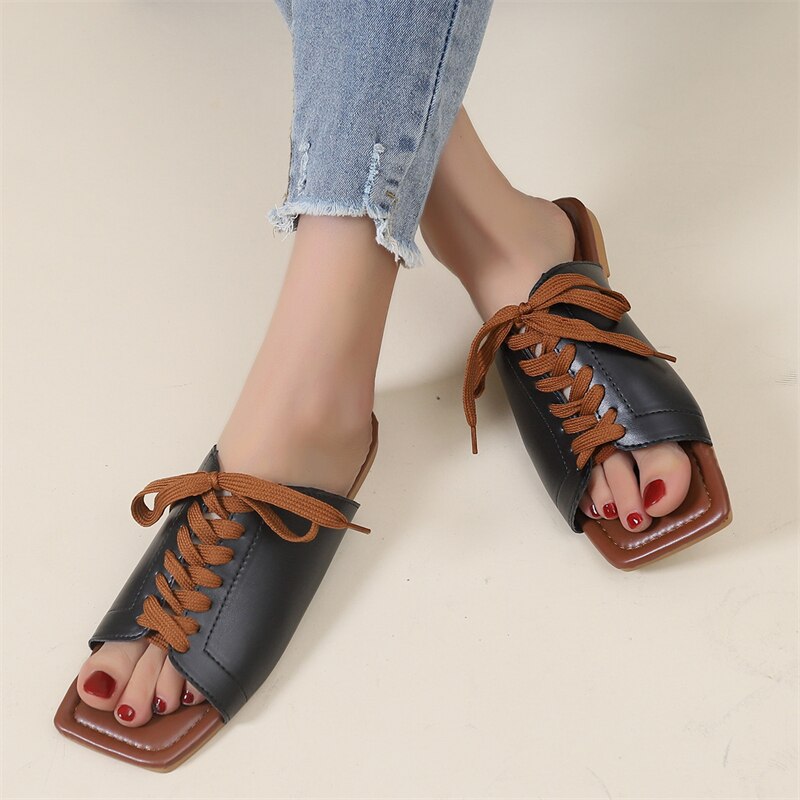 Women Slippers Summer Bandage Peep Toe PU Flat Shoes