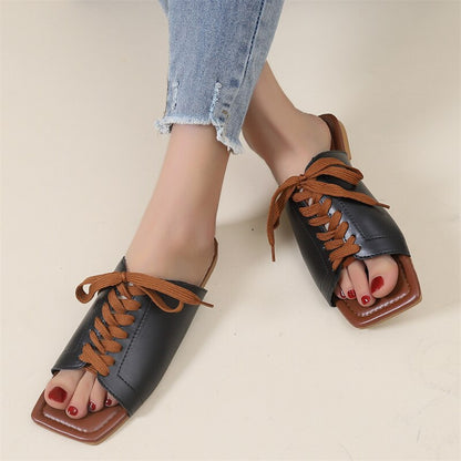 Women Slippers Summer Bandage Peep Toe PU Flat Shoes