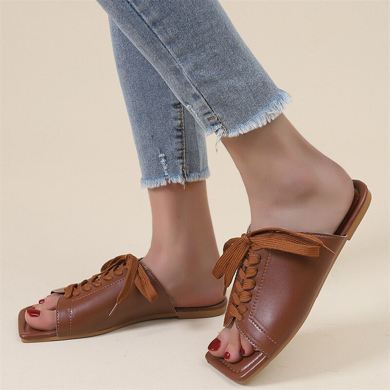 Women Slippers Summer Bandage Peep Toe PU Flat Shoes