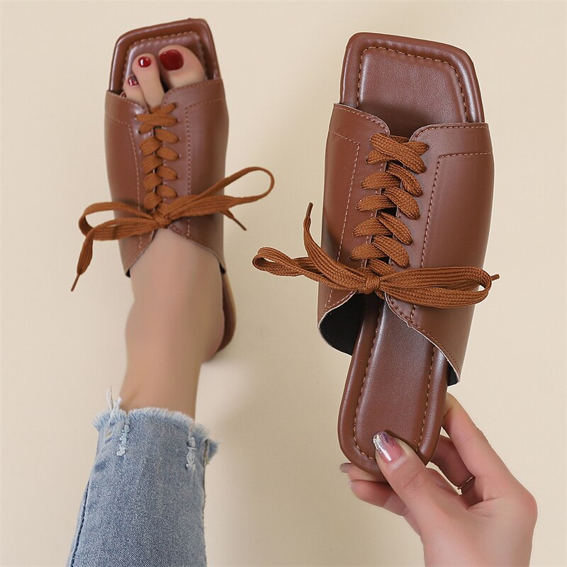 Women Slippers Summer Bandage Peep Toe PU Flat Shoes