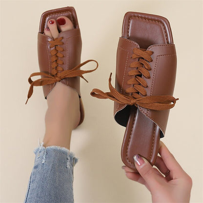 Women Slippers Summer Bandage Peep Toe PU Flat Shoes