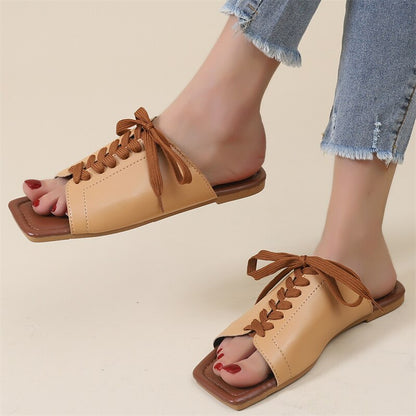 Women Slippers Summer Bandage Peep Toe PU Flat Shoes